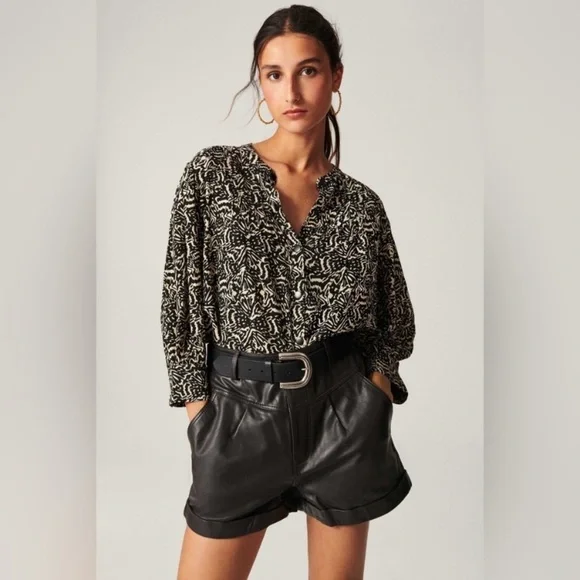 ba&sh Lio Pintucked Shirt Abstract Blouse 100% viscose half sleeves Size 2 - Picture 9 of 16